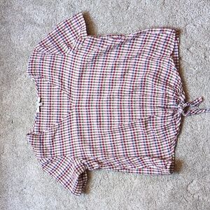 Madewell red and blue plaid tie front shirt size medium